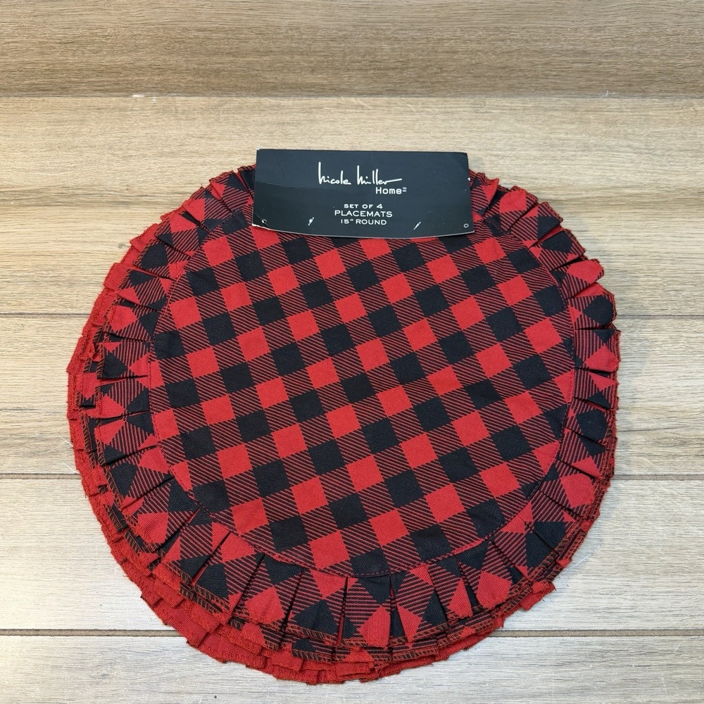 Nicole Miller Red Black Buffalo Plaid Cloth Placemats Set Of 4 Ruffle Holiday